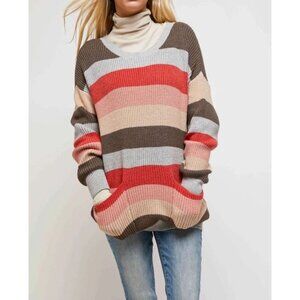 🩵🤎❤️NWT Davi & Dani Grey Multi Stripe Round Neck Sweater Sizes 2x Pockets